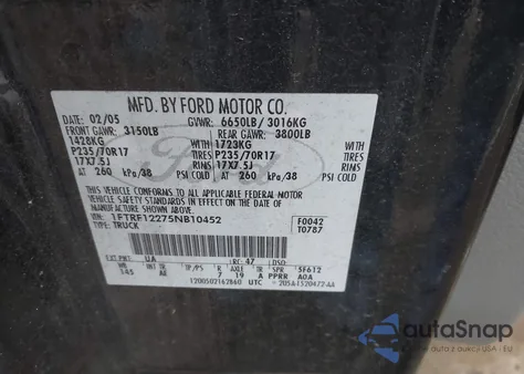 2005 Ford F-150 Stx/Xl/Xlt z USA, uszkodzony, nr VIN 1FTRF12275NB10452